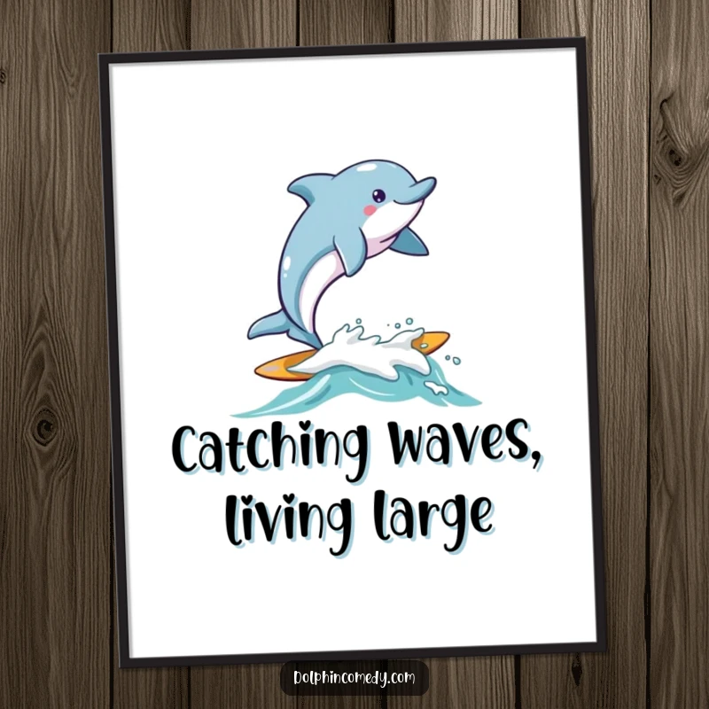 Free Printable Wall Art: A dolphin with a huge smile surfs with pure joy on a small, friendly wave.