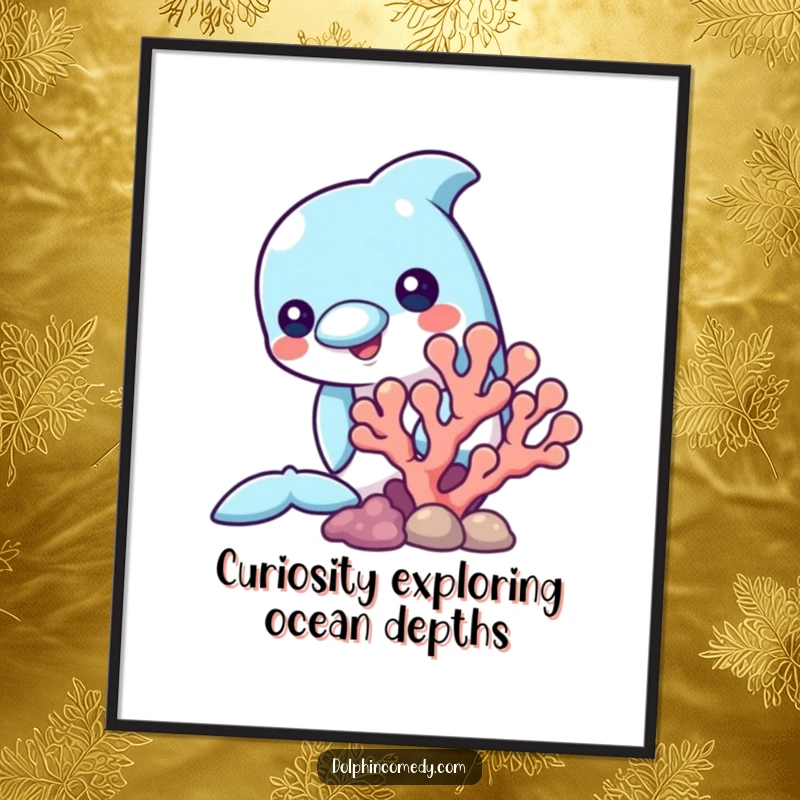 Funny Free Printable Wall Art: A playful dolphin curiously peeks from behind a vibrant coral formation.