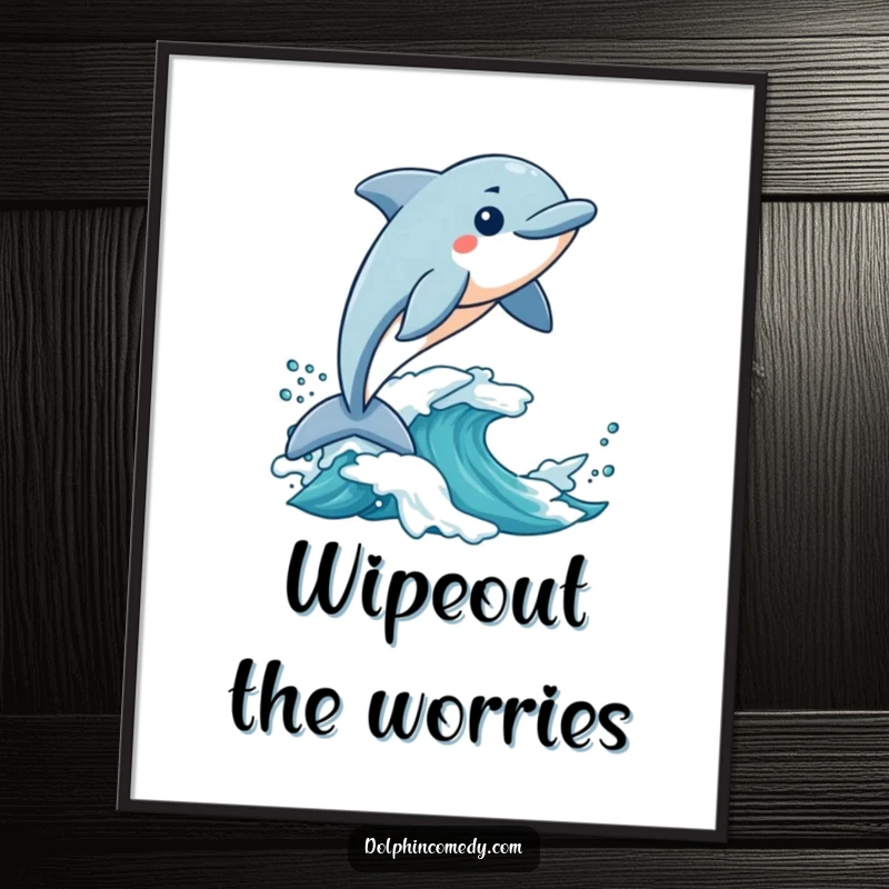 Funny Free Printable Wall Art: Dolphin with pure excitement rides a thrilling ocean wave.