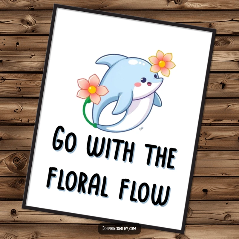 Funny Free Printable Wall Art: A dolphin gracefully swims with a flower, embodying tranquility and beauty, downloadable art.