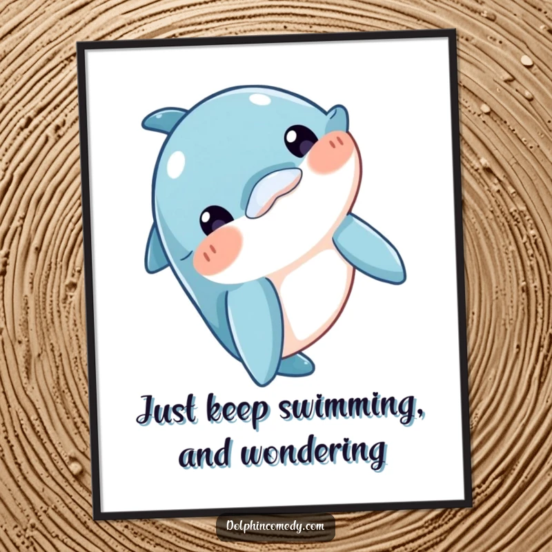 Funny free printable wall art depicting a dolphin curiously bobbing its head, creating an engaging and interactive visual piece.