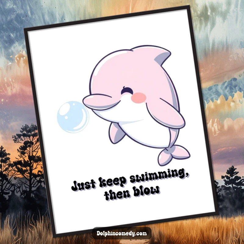 Funny free printable wall art of a cheerful dolphin blowing a large, glistening water bubble, adding a playful touch to decor.