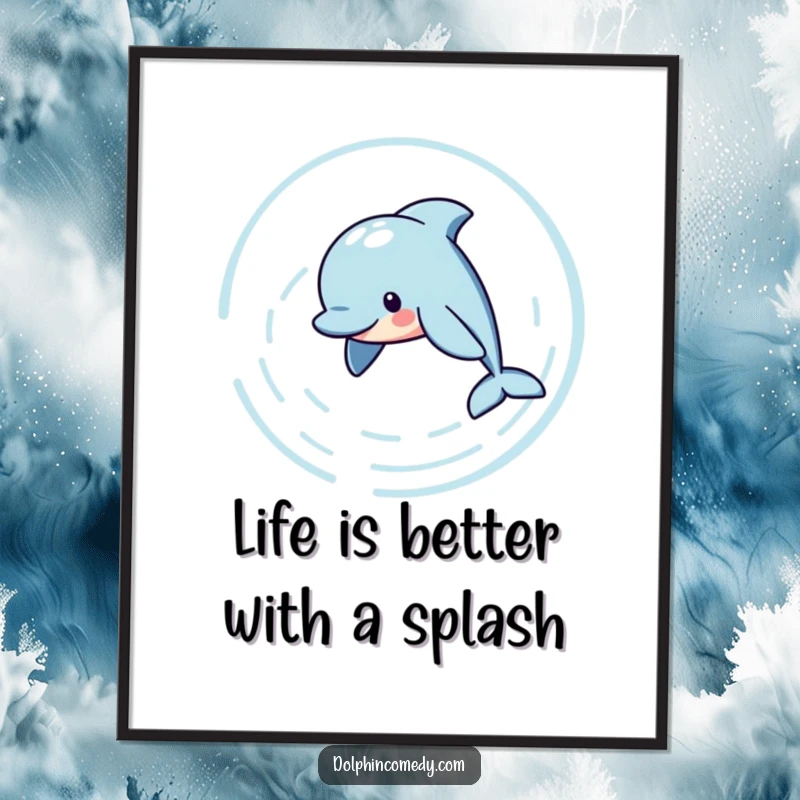 Funny free printable wall art capturing a dolphin energetically swimming in circles, creating mesmerizing water ripples for a dynamic feel.