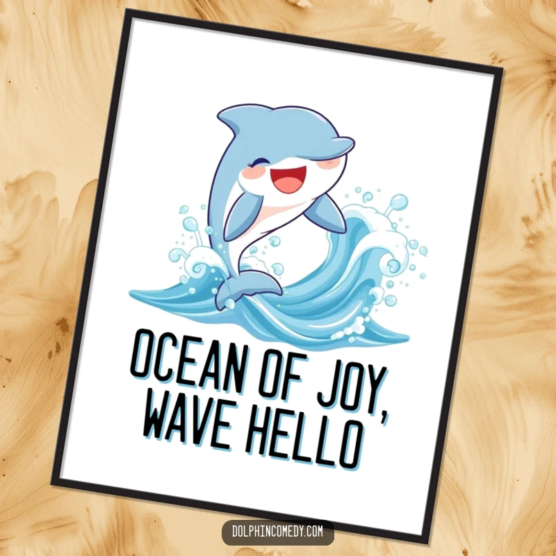 Funny free printable wall art: A radiant dolphin with a broad smile joyfully leaps from a shimmering, sparkling ocean wave.