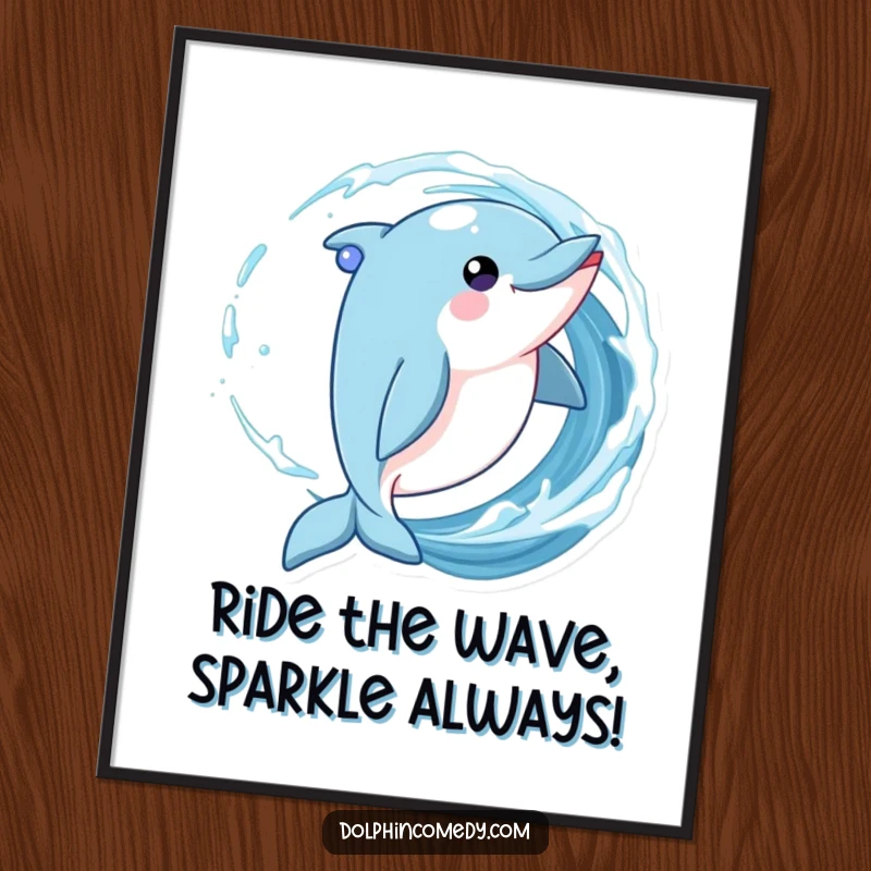 Funny free printable wall art: a playful dolphin with sparkling eyes twirling joyfully within a dynamic ocean wave.