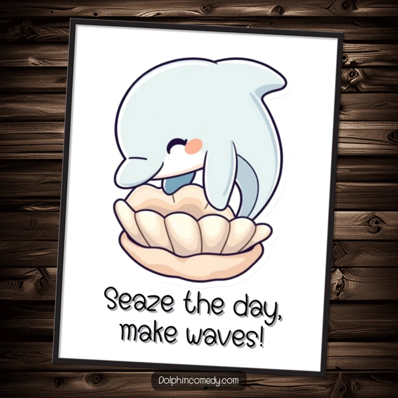 Funny free printable wall art: a dolphin playfully nudging a floating seashell, adding aquatic charm.
