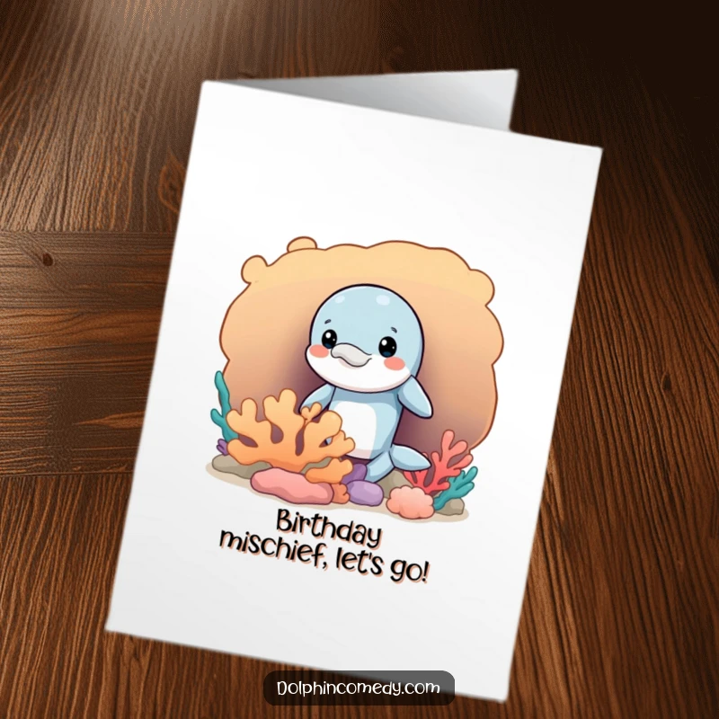 Funny Free Printable Birthday Card: A mischievous dolphin peeks slyly from behind vibrant coral.