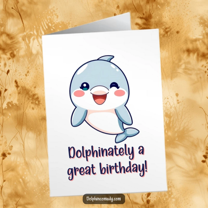 Funny free printable birthday card with a smiling dolphin, spreading joy and good vibes for a special celebration.