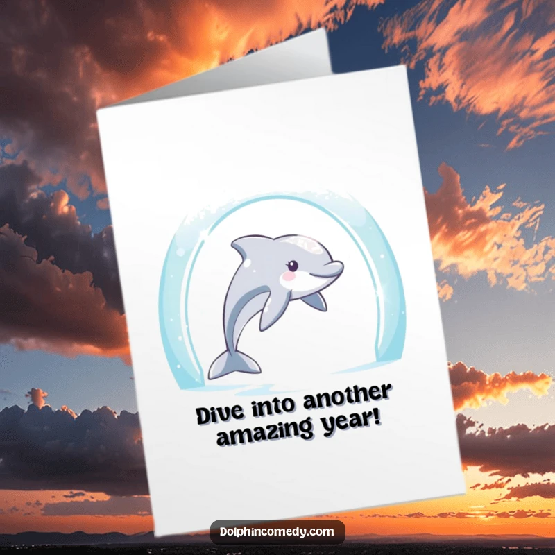 Funny free printable birthday card: a determined dolphin swimming through a shimmering archway, celebrating goals.