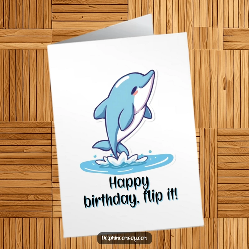 Free printable birthday card: A stylized dolphin gracefully flips through the water with a joyful expression.
