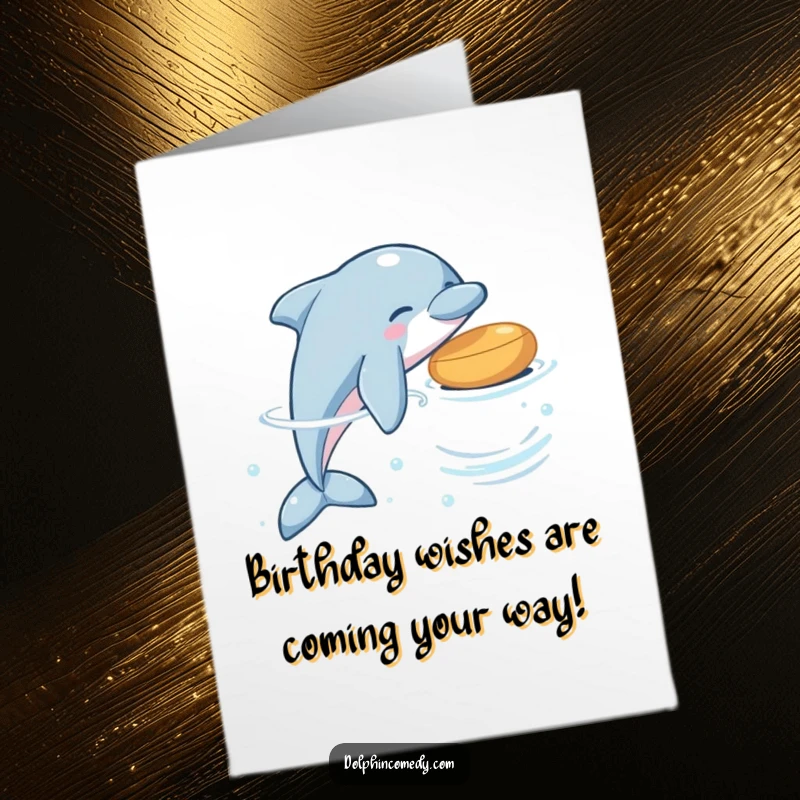 Funny Free Printable Birthday Card showing a happy dolphin playfully batting at a small, colorful floating object.