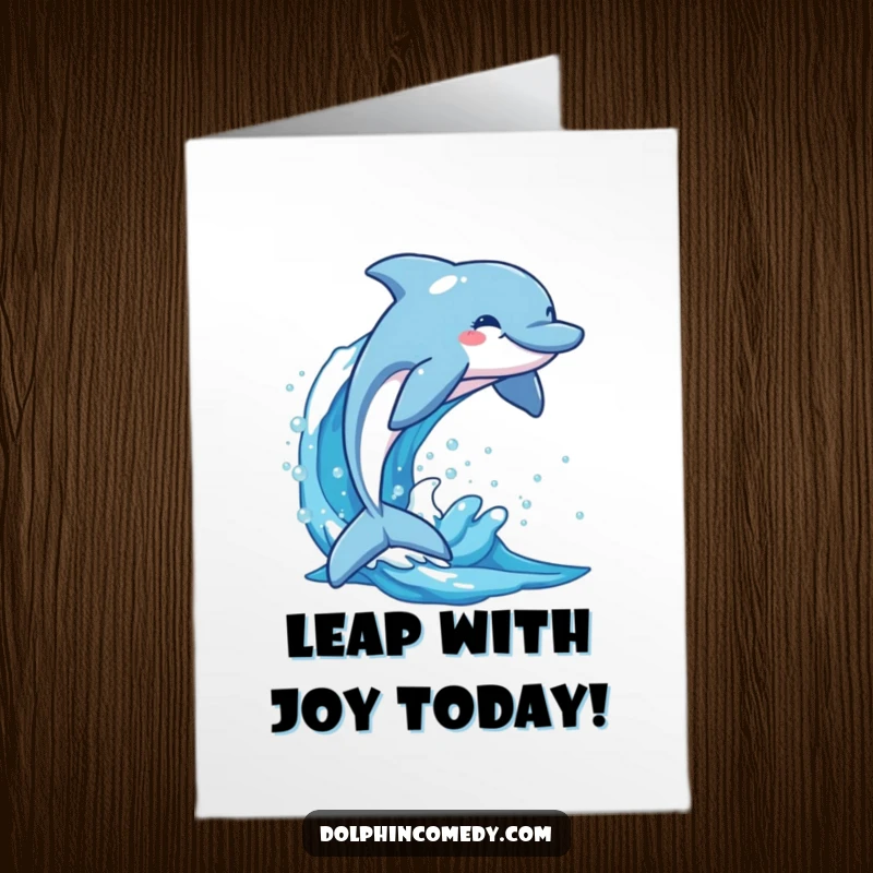 Funny Free Printable Birthday Card: A joyful dolphin leaps high from a sparkling blue wave with a wide grin.