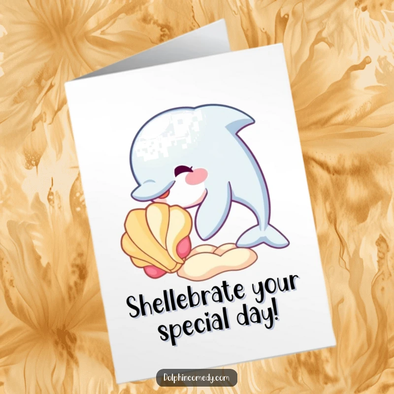 Funny Free Printable Birthday Card: A happy dolphin playfully nudging a vibrant seashell, bringing seaside joy to your birthday wishes.