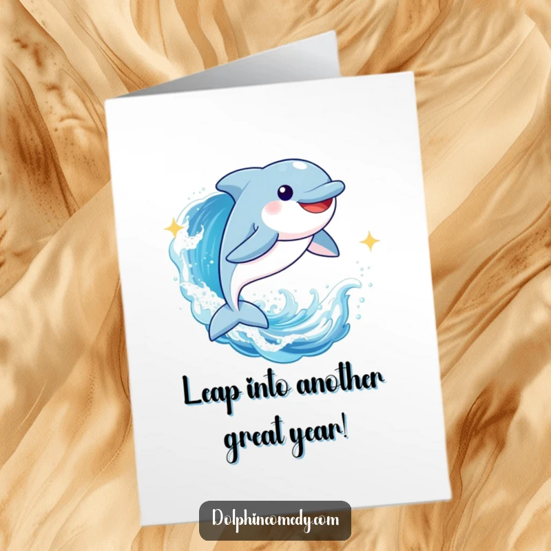 Funny Free Printable Birthday Card: A joyful dolphin leaps high through a sparkling ocean wave, celebrating with pure energy.