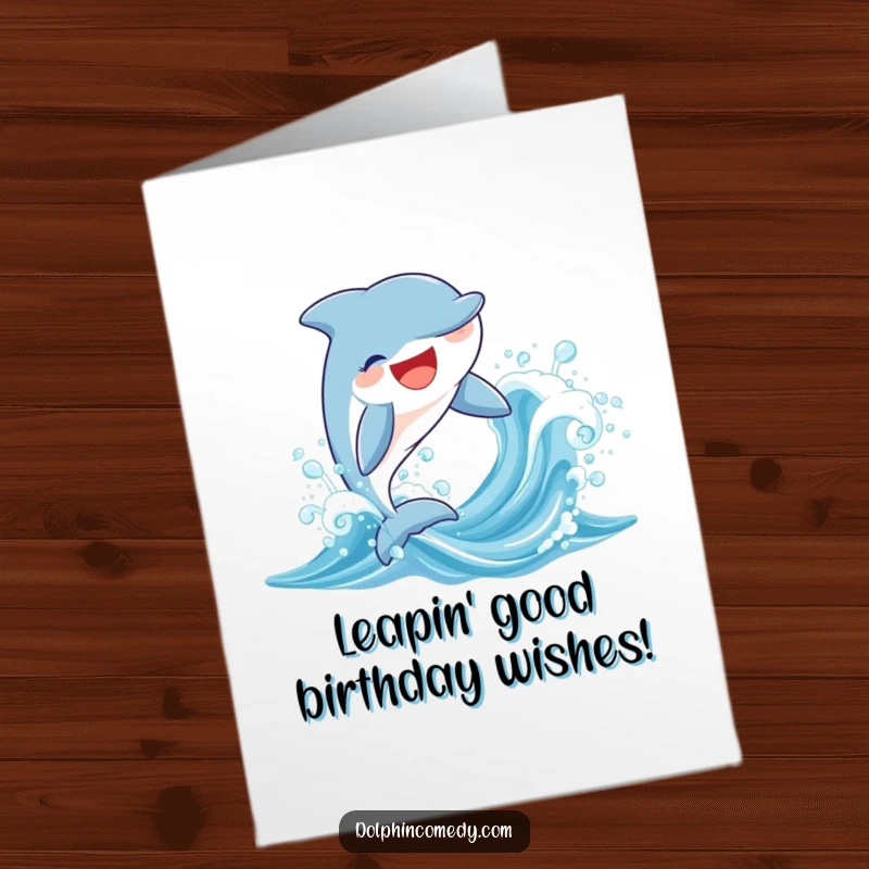 Funny free printable birthday card: A joyful dolphin with a wide smile leaps high out of a sparkling ocean wave.