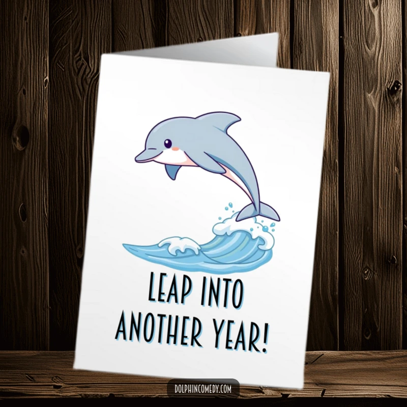Funny Free Printable Birthday Card: A sleek dolphin gracefully leaps over a small wave.