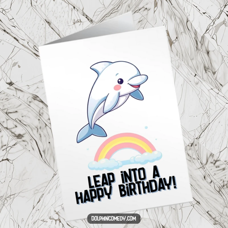 Funny Free Printable Birthday Card featuring a playful dolphin leaping joyfully over a brightly shimmering rainbow.