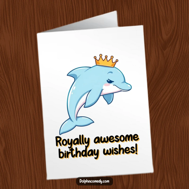Funny Free Printable Birthday Card showing a majestic dolphin wearing a tiny golden crown, swimming elegantly.