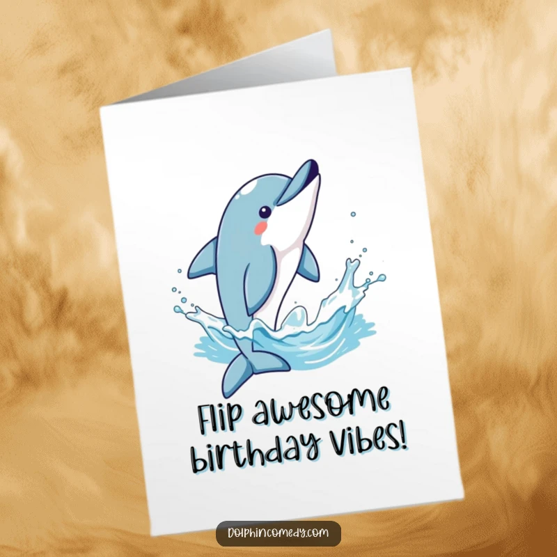 Funny free printable birthday card: A dolphin performs a triumphant flip, splashing water high into the bright blue air.
