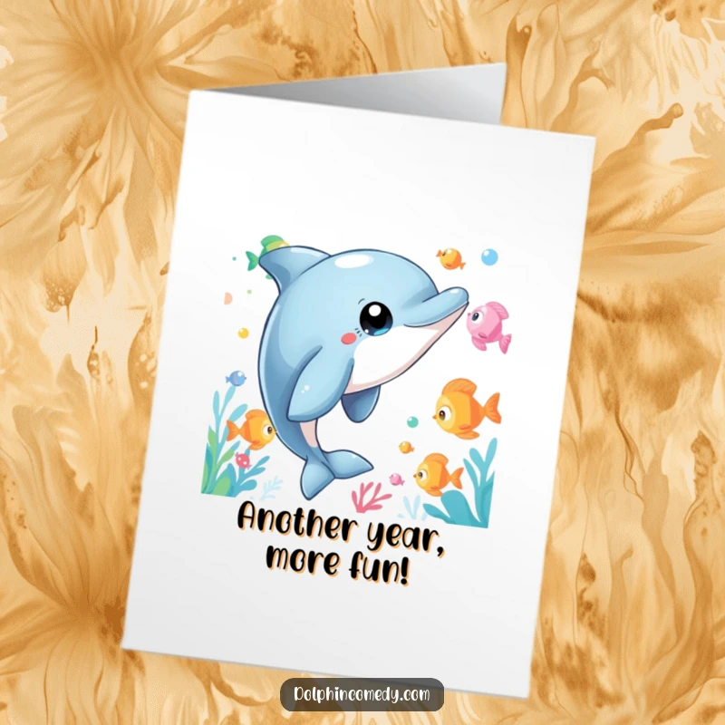 Funny Free Printable Birthday Card: A dolphin with wide eyes curiously watches colorful fish swim past.