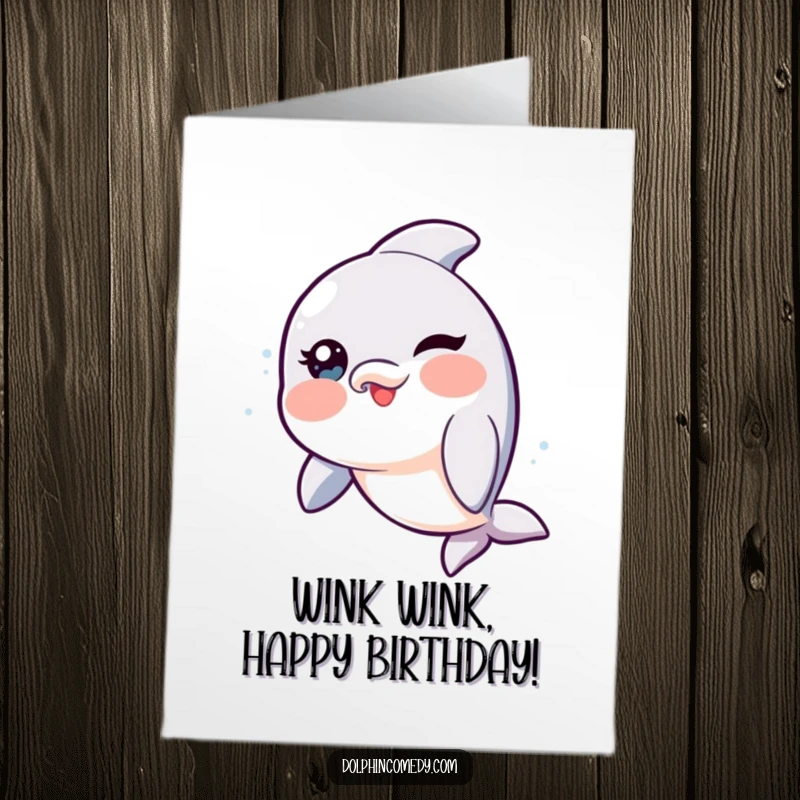 Free Printable Birthday Card: A dolphin with rosy cheeks winks playfully, sending birthday cheer.
