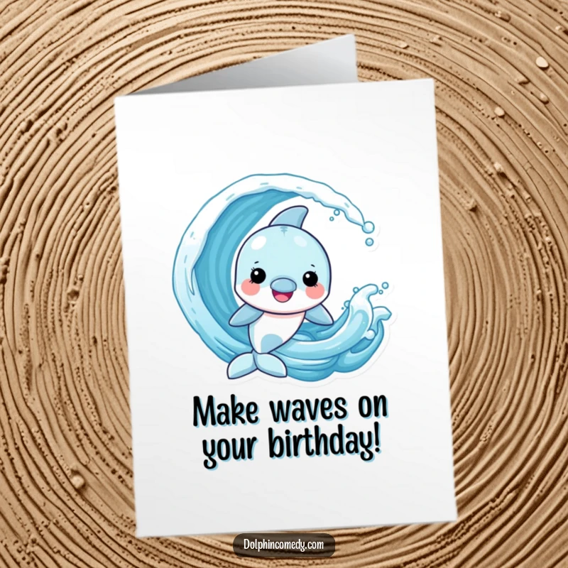 Funny Free Printable Happy Birthday Card: Cheerful Dolphin Leaping Playfully with a Splashing Wave in the Ocean