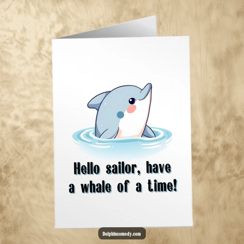 Funny Free Printable Birthday Card featuring a curious dolphin peeking from the ocean waves, looking up with wonder.