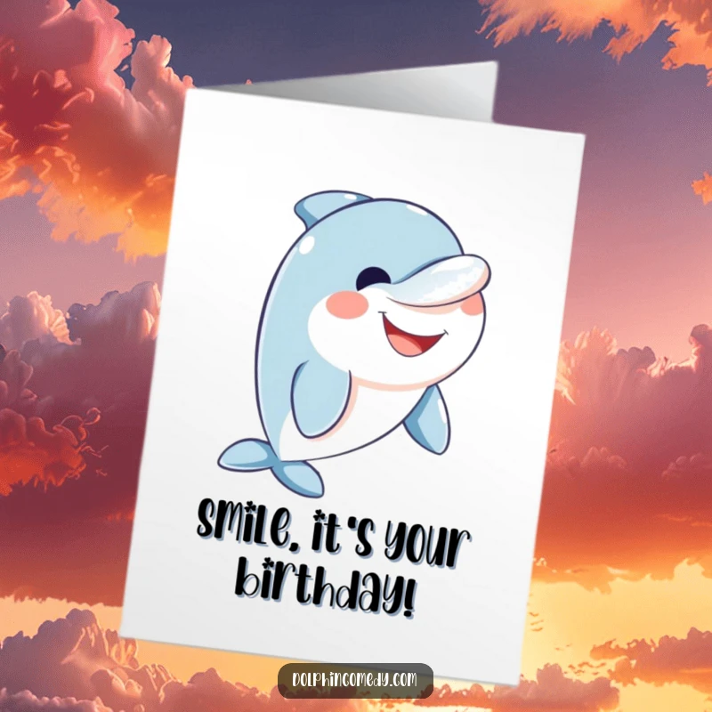 Funny Free Printable Dolphin Birthday Card: A friendly dolphin beams with a wide, inviting smile.