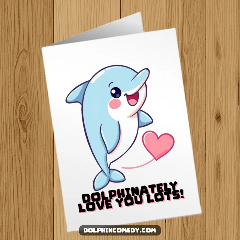 Funny Free Printable Birthday Card: Cheerful dolphin swimming, leaving a playful heart shape trail behind it.