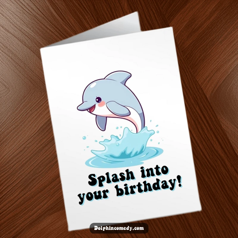 Funny Free Printable Dolphin Birthday Card: A happy dolphin leaps high out of the water, creating a big splash, ready to celebrate.