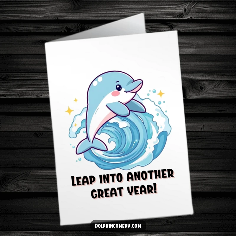 Funny Free Printable Dolphin Birthday Card: A joyful dolphin leaps high through a sparkling wave.