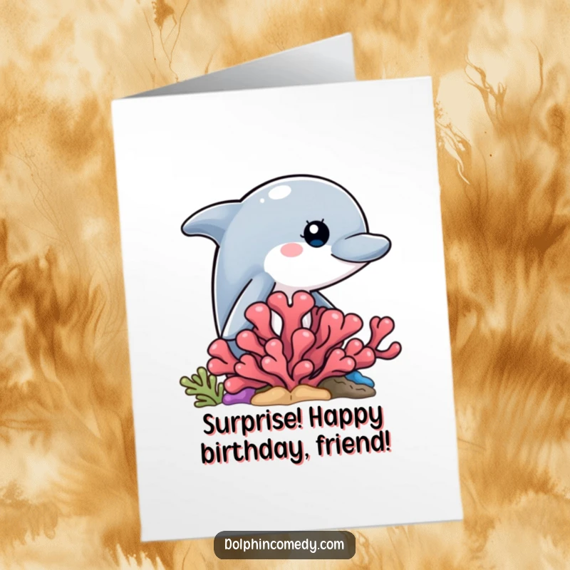 Funny free printable birthday card: a curious dolphin peeking playfully from behind vibrant coral, hiding a birthday wish.