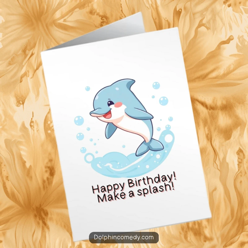 Funny Free Printable Dolphin Birthday Card: A smiling dolphin joyfully leaps through a ring of shimmering bubbles, celebrating a special day.