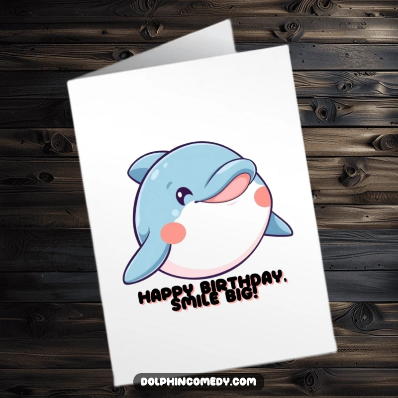 Funny Free Printable Birthday Card featuring a beaming dolphin with its mouth wide in a happy smile.