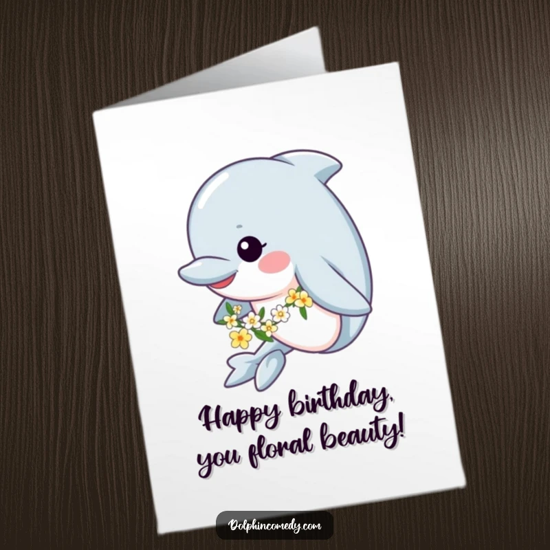 Funny Free Printable Birthday Card: A happy dolphin adorned with a flower garland swims gracefully, adding floral charm to birthday wishes.