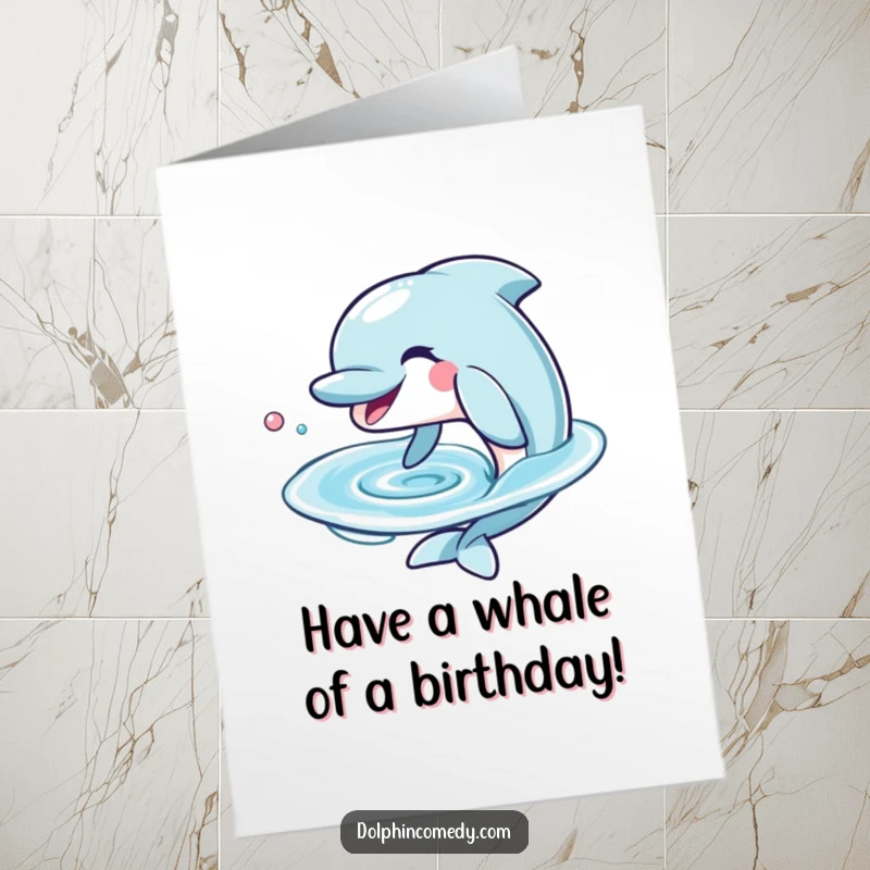 Funny Free Printable Birthday Card: Playful dolphin with a grin blowing a perfect water ring, ready to celebrate.