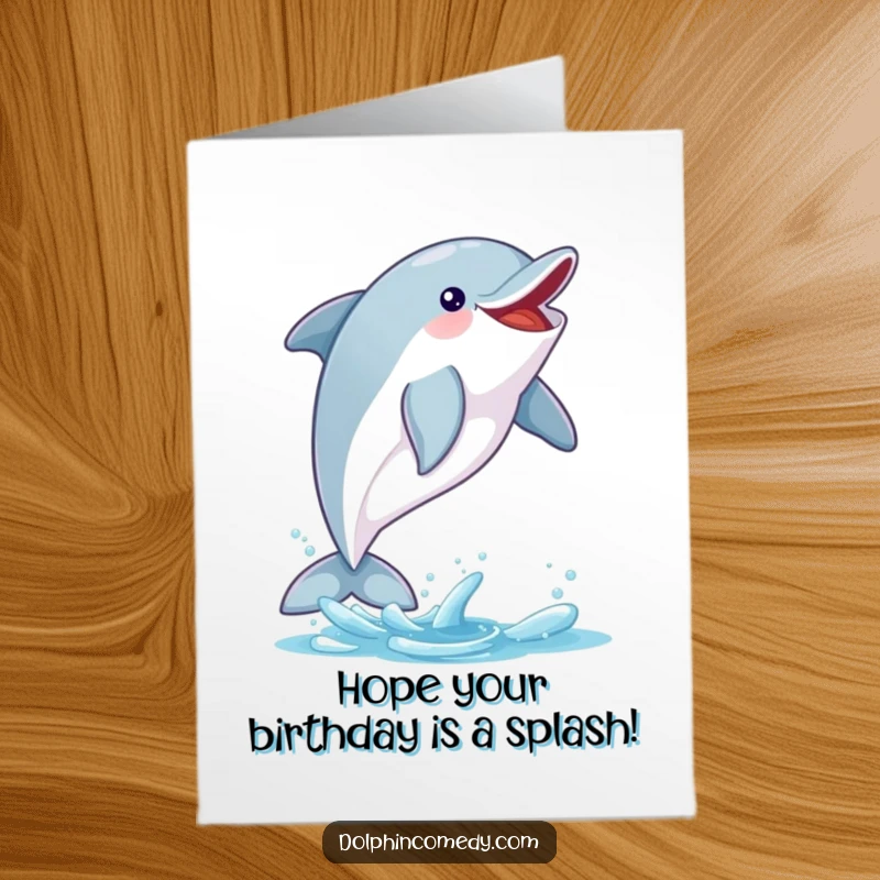 Funny Free Printable Birthday Card: An excited dolphin leaps, catching a shiny fish in mid-air with a triumphant grin.