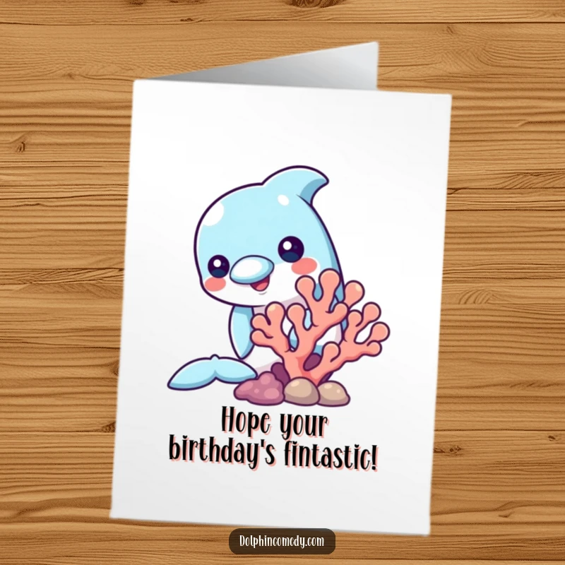 Funny Free Printable Birthday Card: A curious dolphin peeks from behind colorful coral, wishing happy birthday.