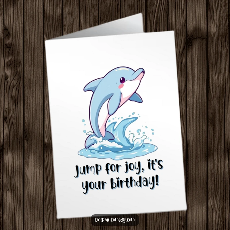 Funny Free Printable Birthday Card: A dolphin gracefully breaching the water in a joyous arc, expressing pure birthday bliss.