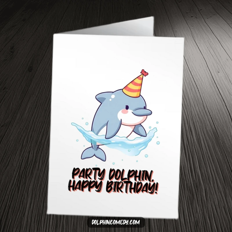 Funny free printable birthday card featuring a dolphin in a party hat playfully splashing water, ready to party.