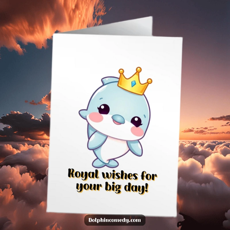 Funny Free Printable Birthday Card: A dolphin wearing a crown, ready to celebrate your special day with royal humor.