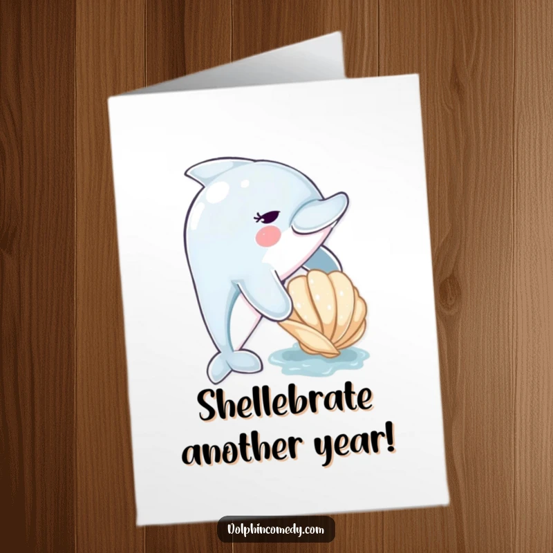 Funny Free Printable Birthday Card: Cute dolphin gently nudging a seashell with a playful expression.