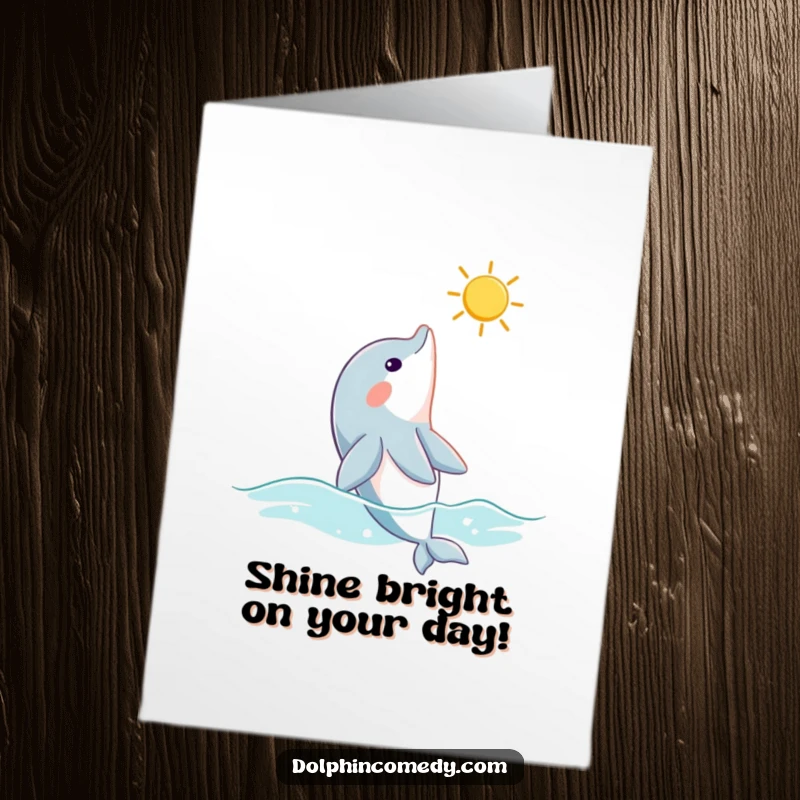Funny Free Printable Birthday Card: A curious dolphin gazing upwards at a bright sunbeam.
