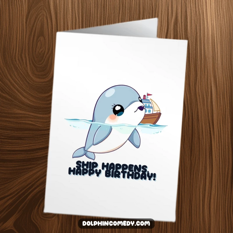 Funny Free Printable Birthday Card featuring a startled dolphin gazing at a huge ship, perfect for laughs.