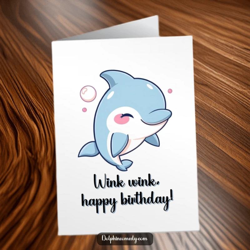 Funny Free Printable Birthday Card: Dolphin winking playfully while blowing a bubble, conveying a secret birthday wish, downloadable.