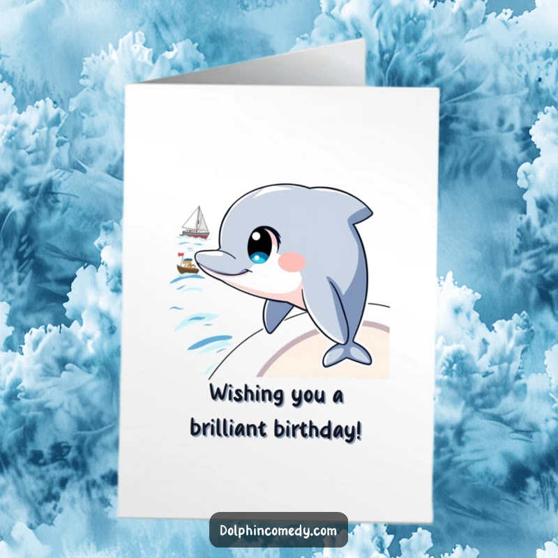 Funny Free Printable Birthday Card: A dolphin with large, intelligent eyes curiously watches a distant boat, evoking a sense of wonder.