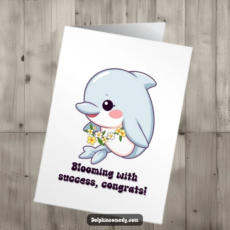 Funny Free Printable Congratulations Card: A happy dolphin wearing a flower garland swims, symbolizing a blossoming success and joyful congratulations.