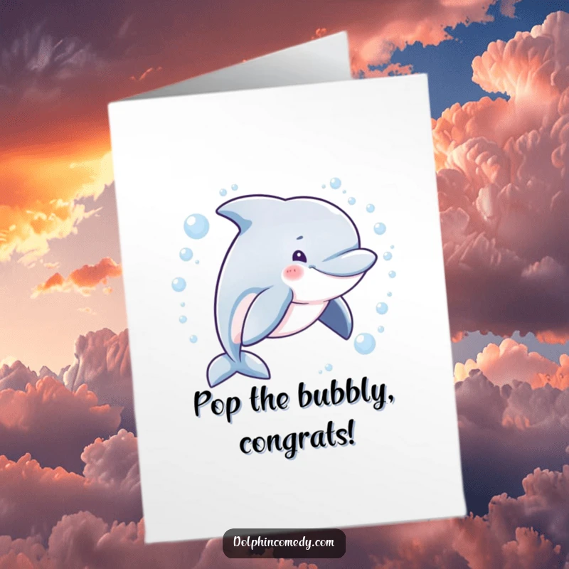 Funny free printable congratulations card: A dolphin with a sly grin swims in a playful circle, creating a cloud of effervescent bubbles.