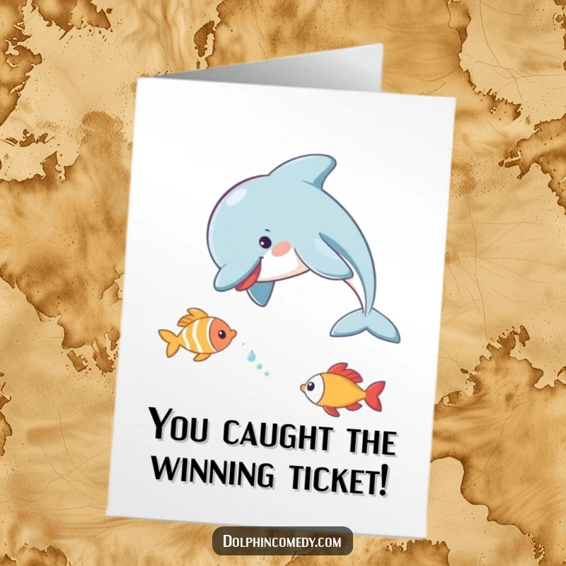 Funny Free Printable Congratulations Card: A dolphin energetically chases a small fish, symbolizing pursuit and success, downloadable.
