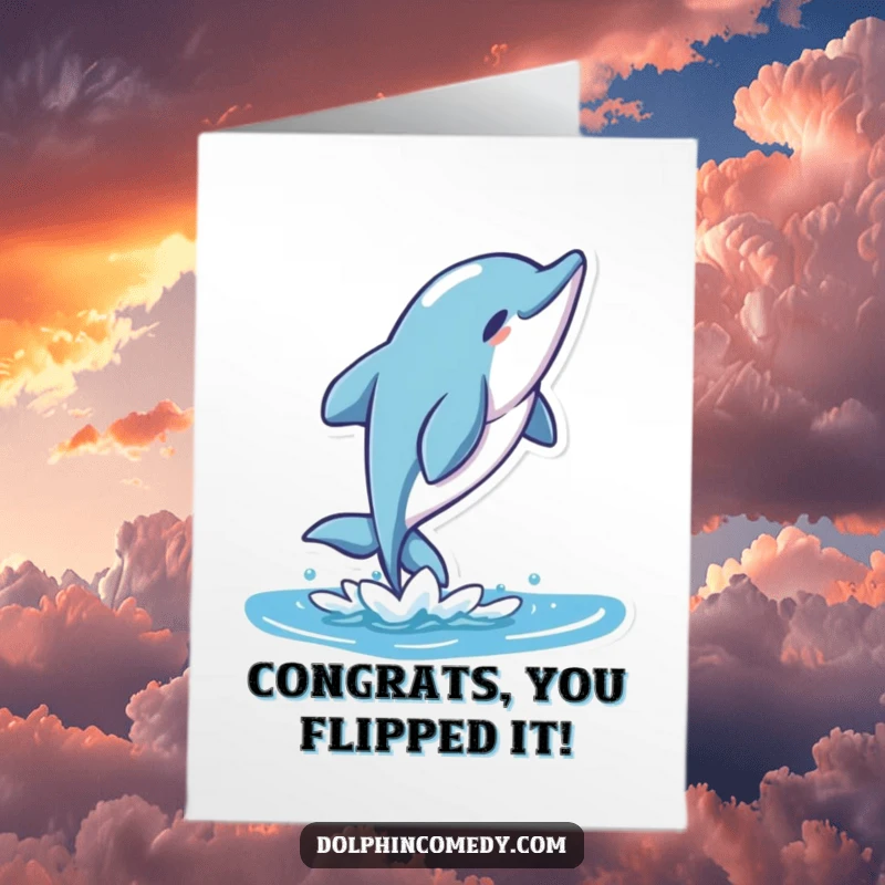 Free printable congratulations card: A stylized dolphin executes a beautiful flip, conveying excitement.
